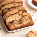 Cinnamon swirl banana bread sliced on plates