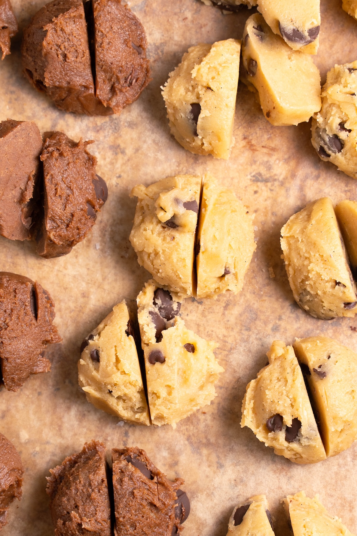 Cookie dough balls sliced in half