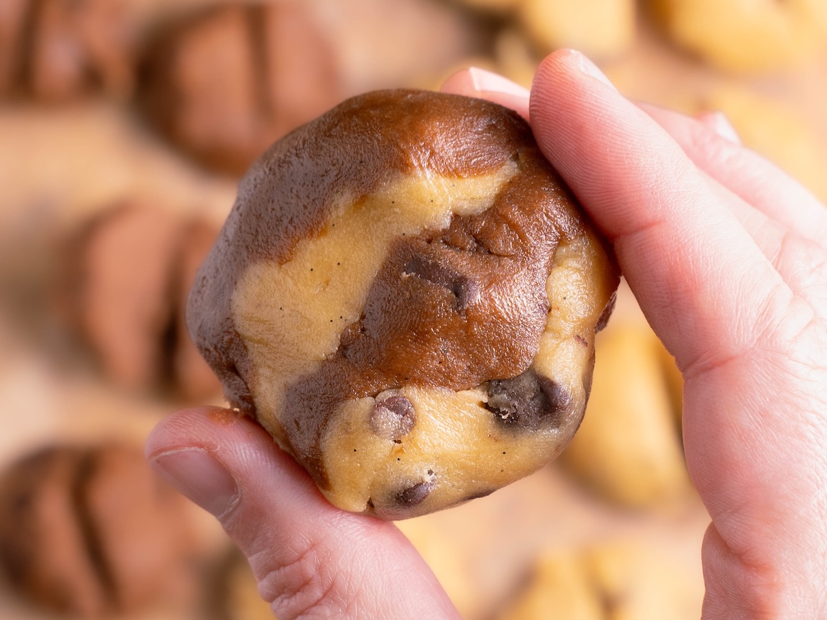 A marble cookie, swirled and ready to bake