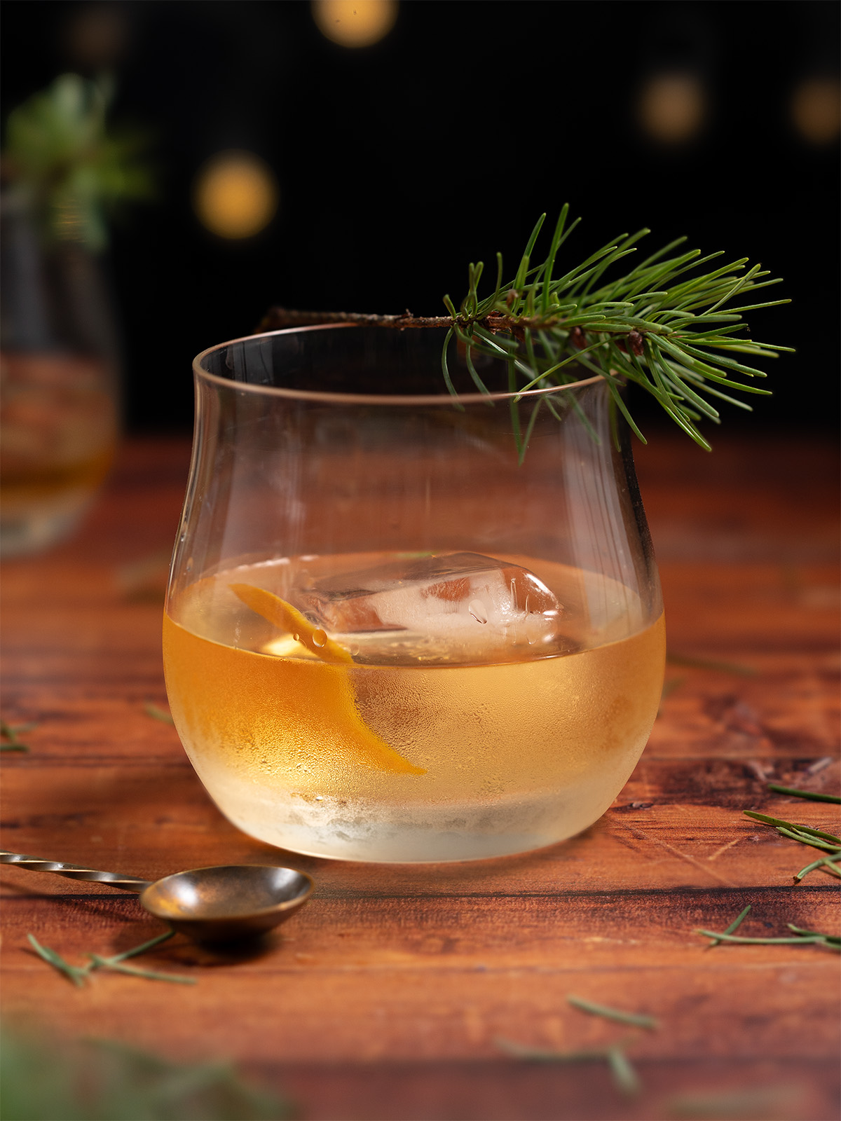 An old fashioned made with pine needle syrup