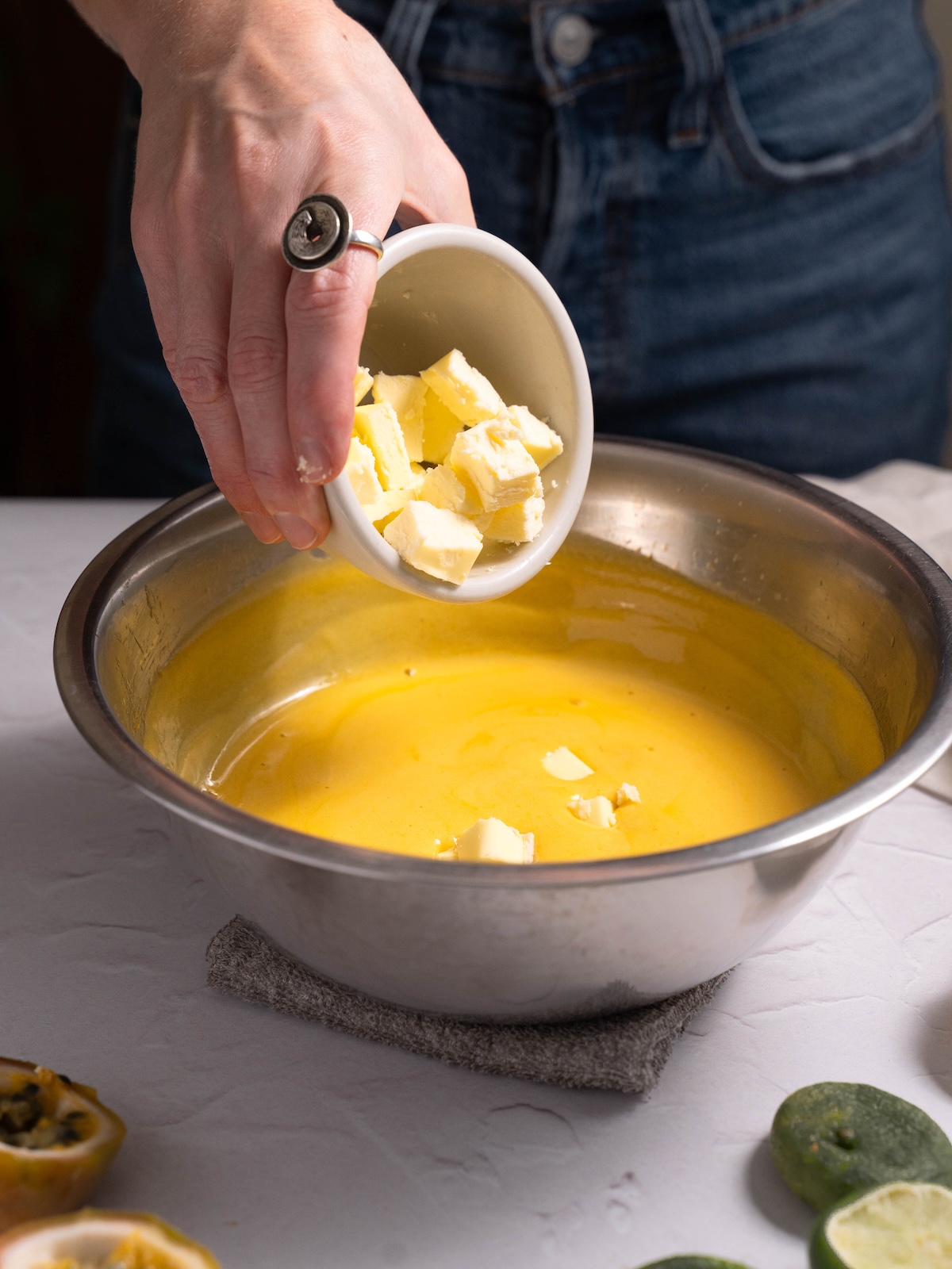 Adding diced butter to homemade curd