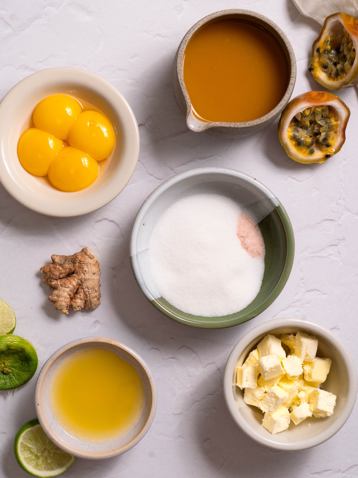 The ingredients needed to make passionfruit ginger curd