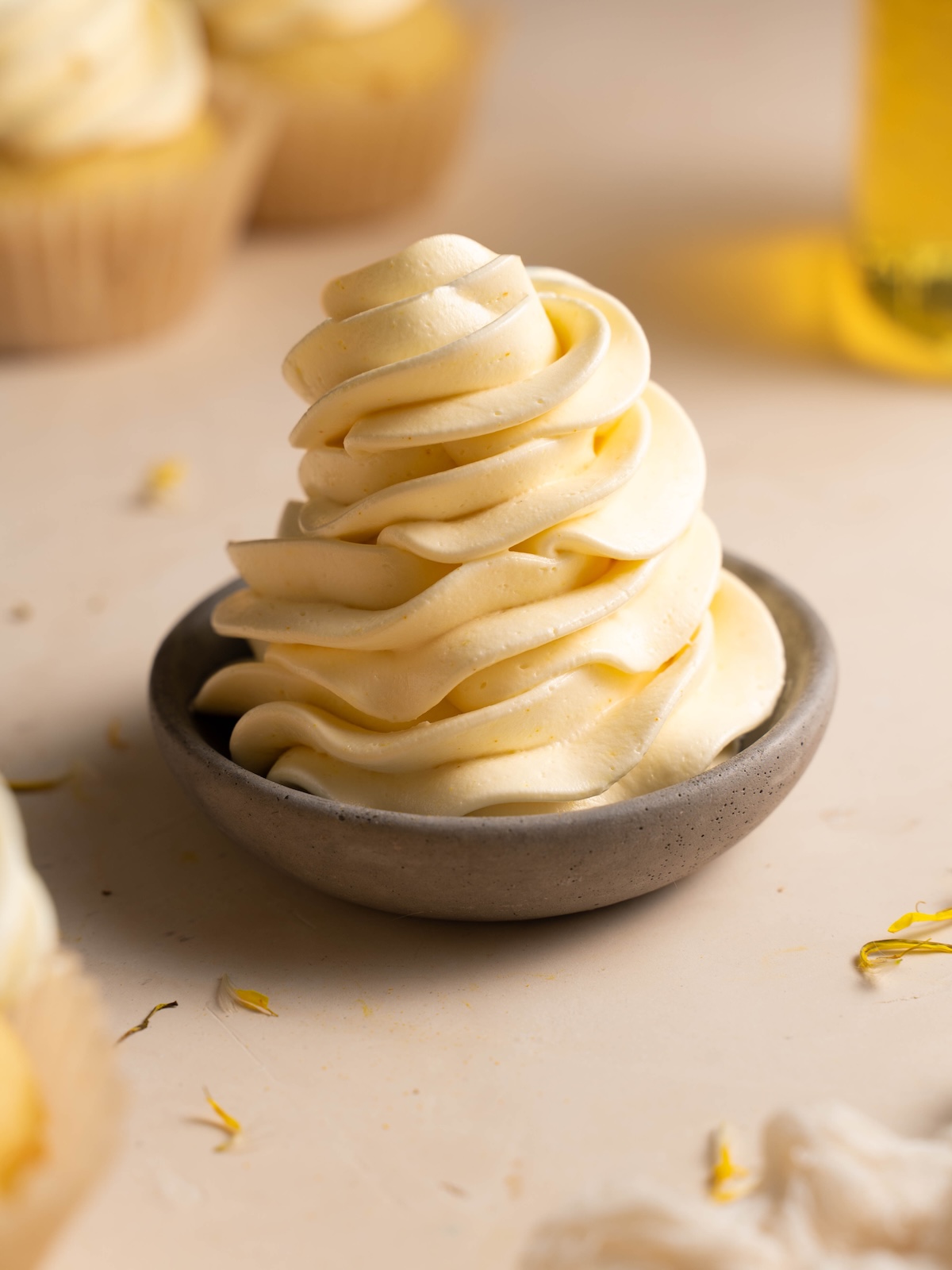 Dandelion buttercream piped into a small dish