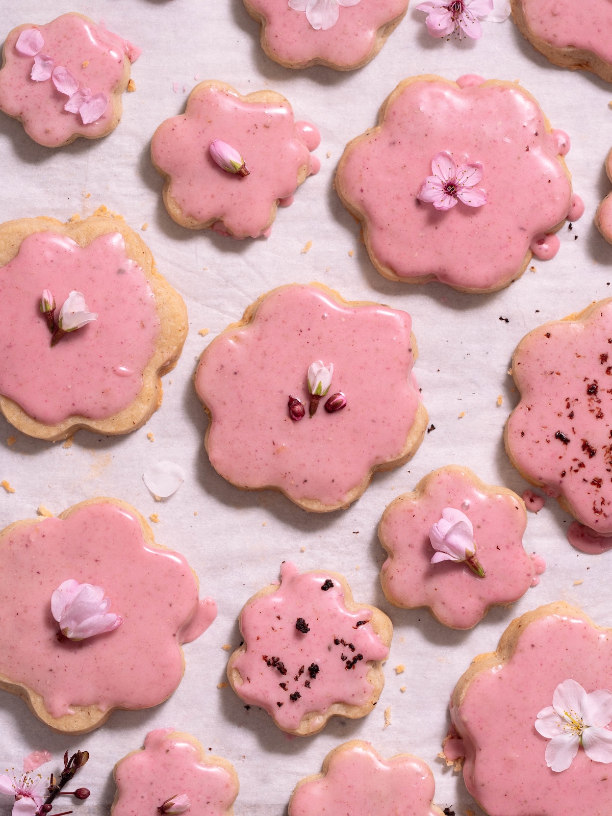 Magnolia shortbread cookies with blood orange glaze and edible flowers