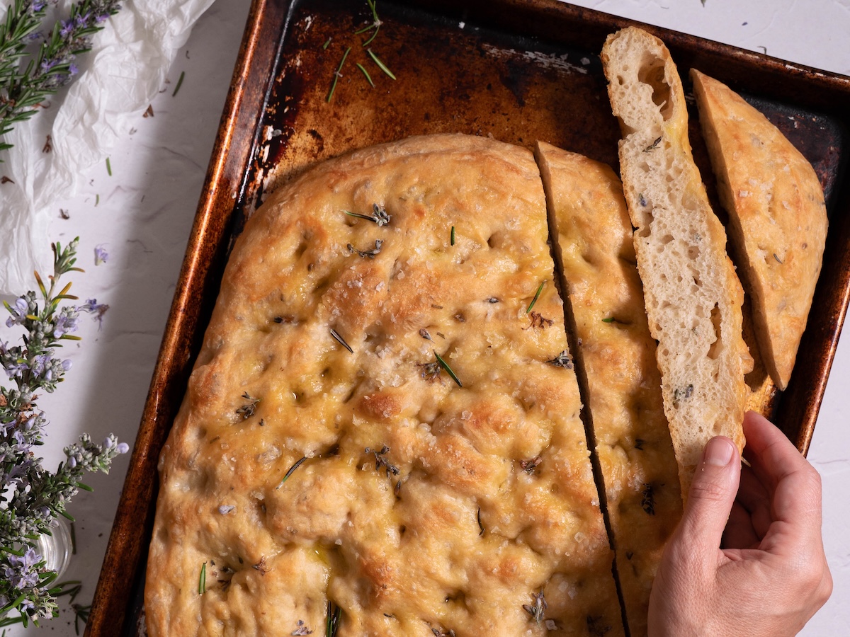Rosemary flower focaccia with fresh rosemary flowers