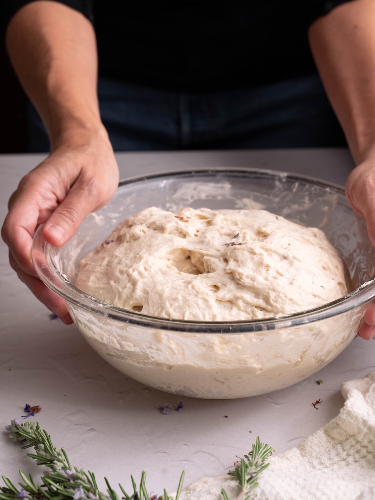 Focaccia dough after initial resting period