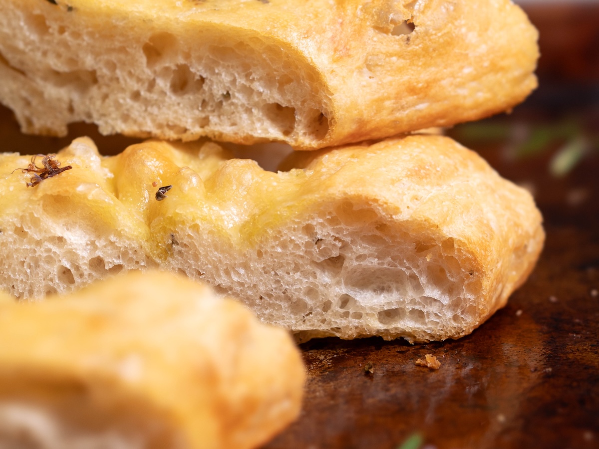 Slices of focaccia up close