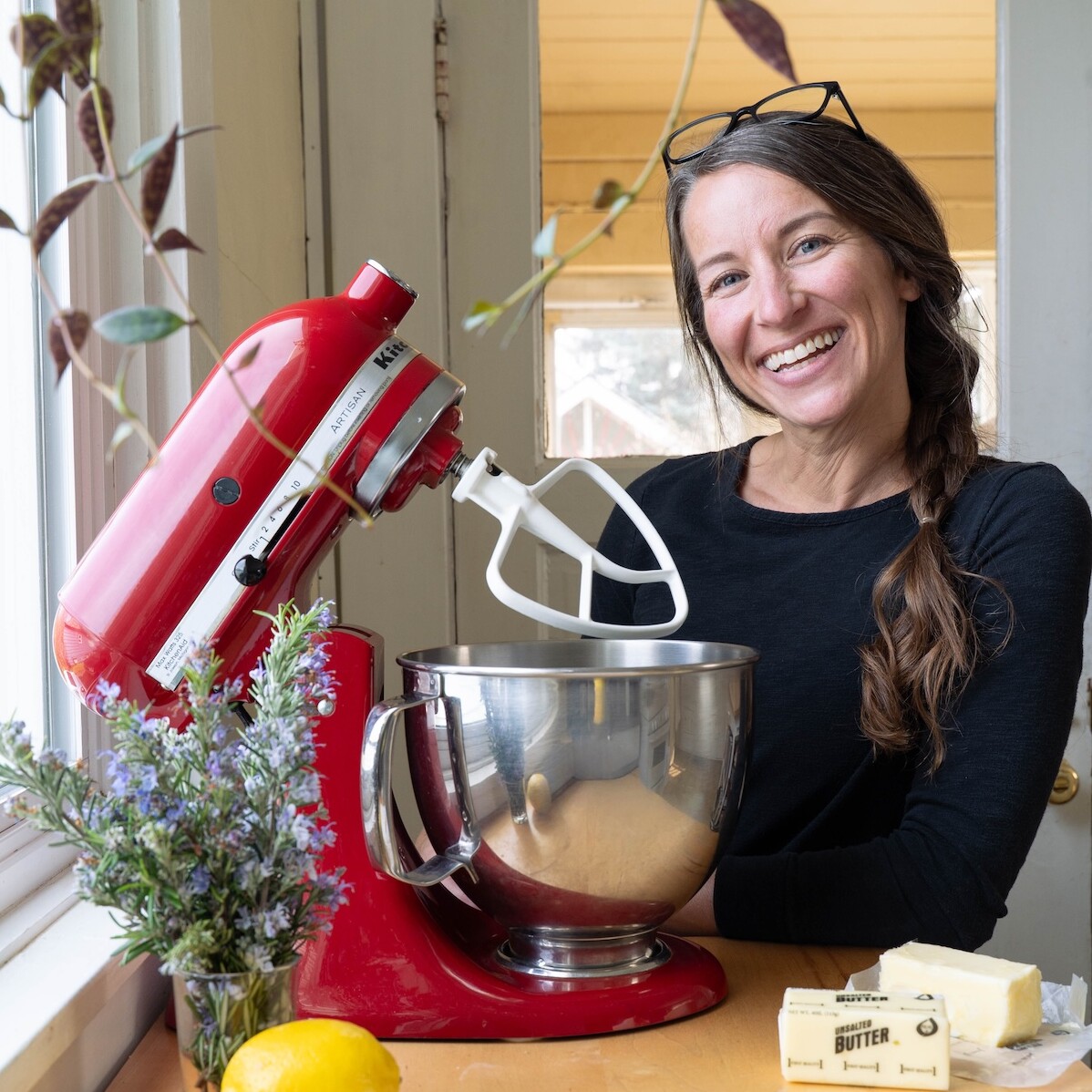 Karie in the kitchen, baking cookies with her stand mixer