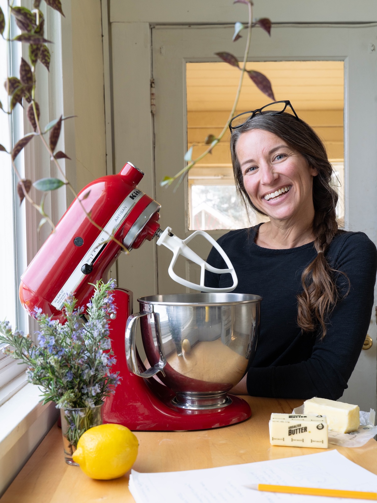 Karie in the kitchen, baking cookies with her stand mixer