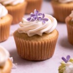 A cupcake topped with lilac buttercream and fresh lilac flowers