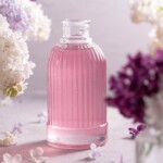 A small glass bottle filled with light purple lilac syrup
