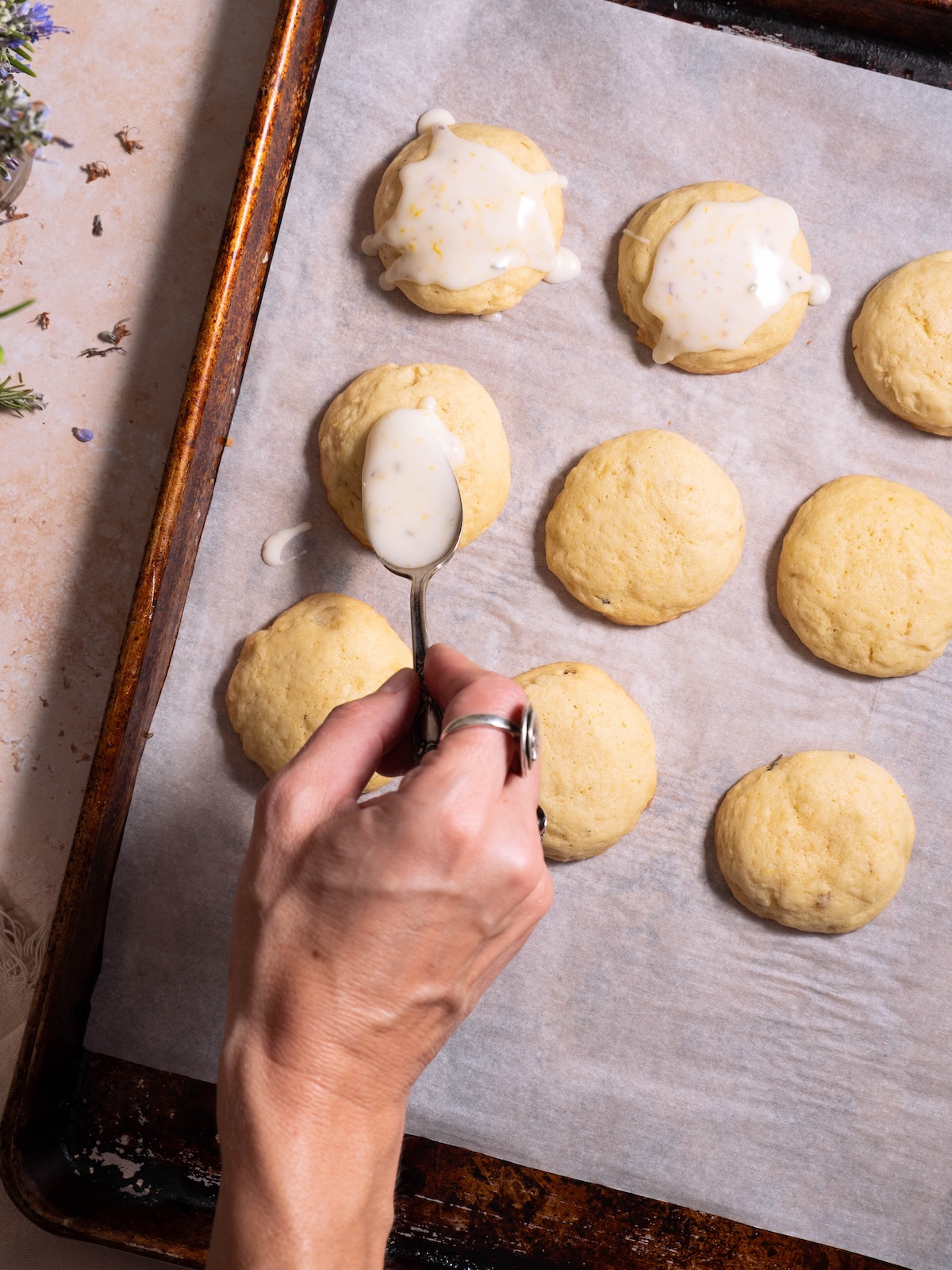 Glazing soft sugar cookies with a lemon glaze