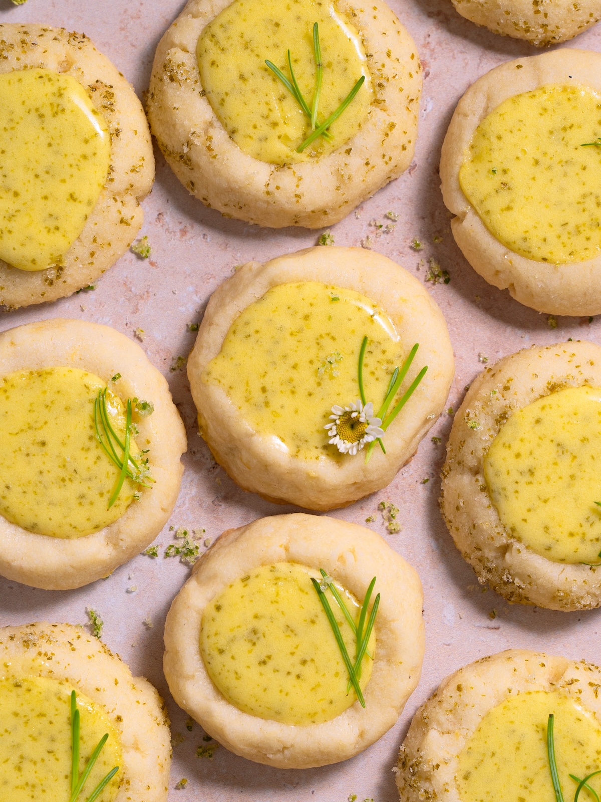Lemon cookies filled with lemon curd and fir tip sugar