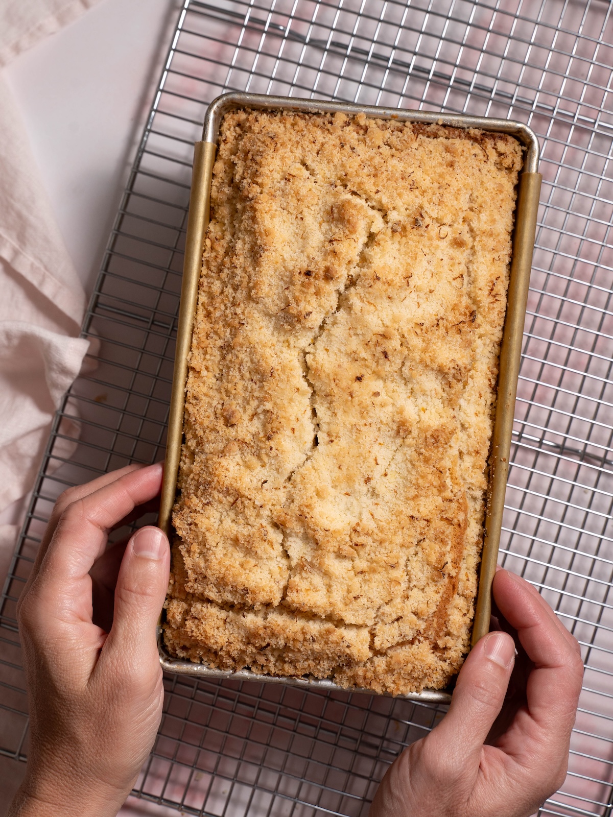 A streusel-topped loaf cake after baking