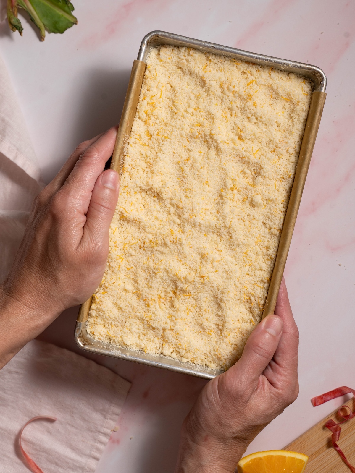 Orange streusel loaf cake before baking