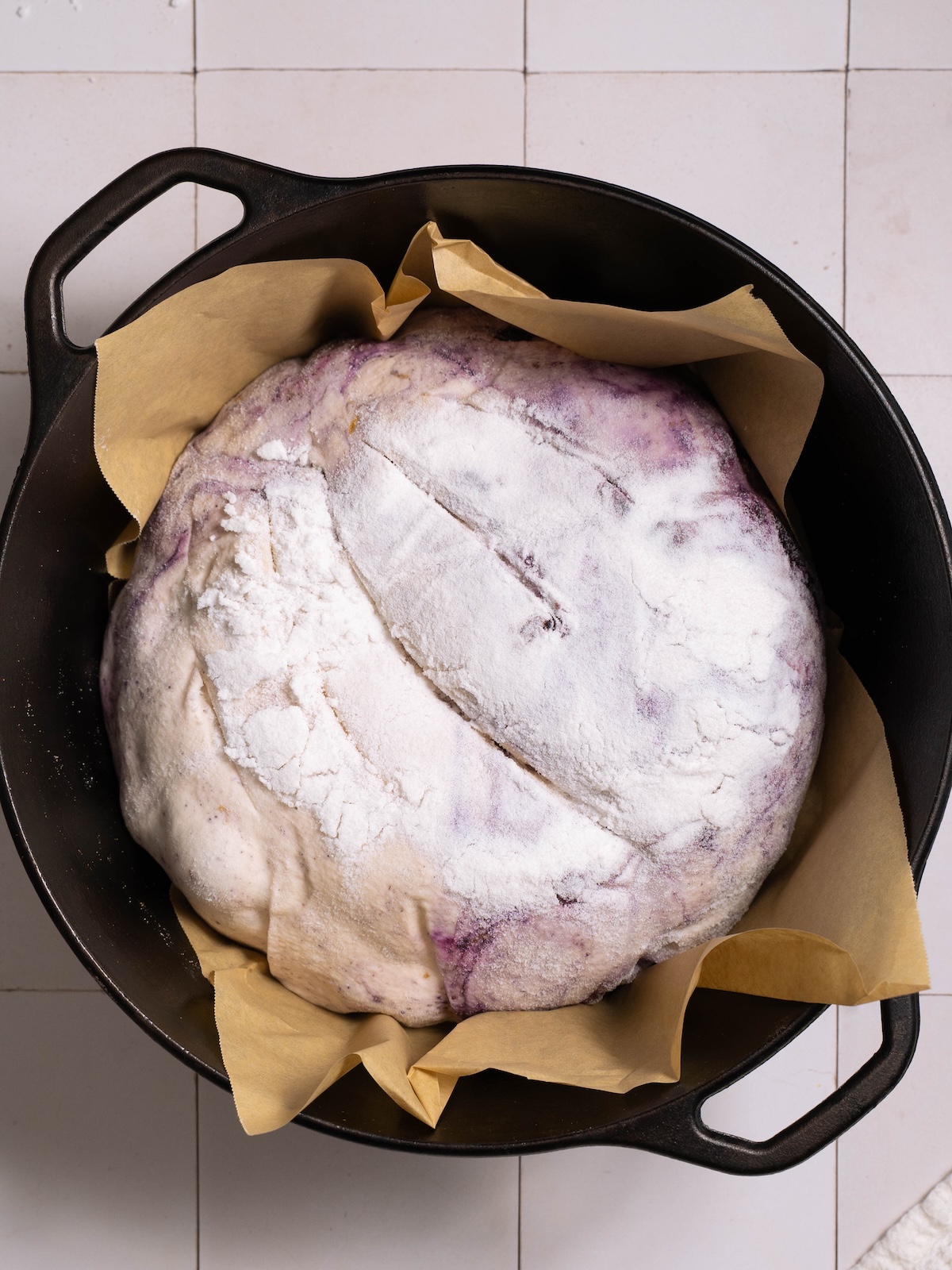 Sourdough blueberry bread scored and ready to bake in a Dutch oven