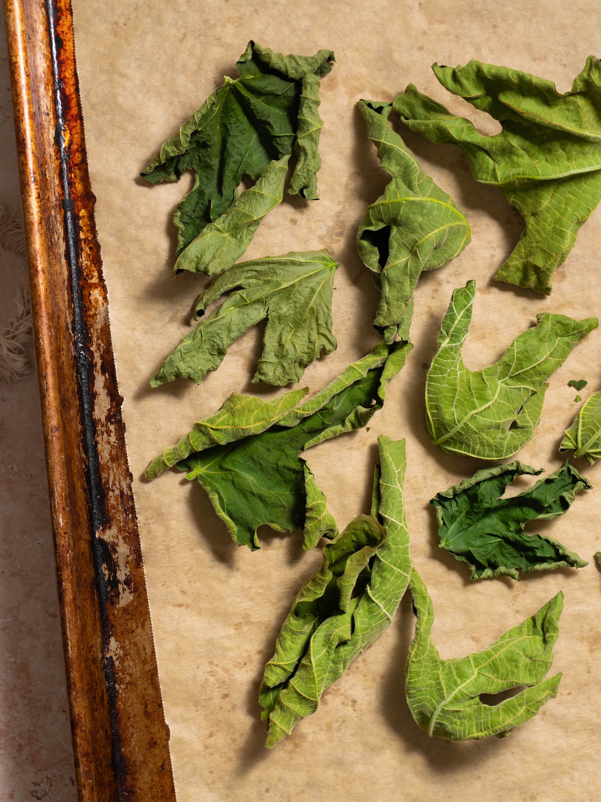 Toasted fig leaves on a baking sheet