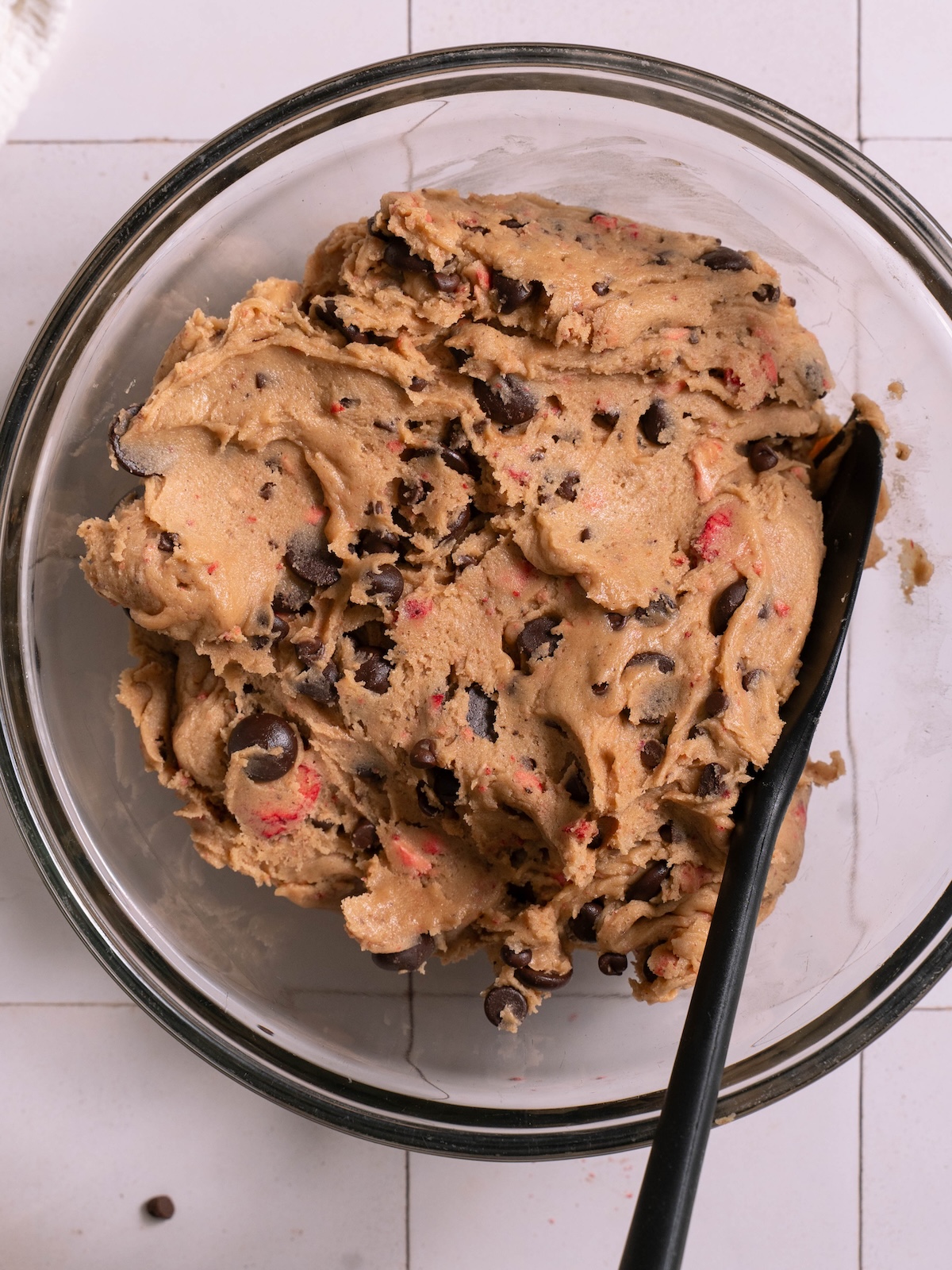 Cookie dough filled with chocolate chips and freeze dried strawberries