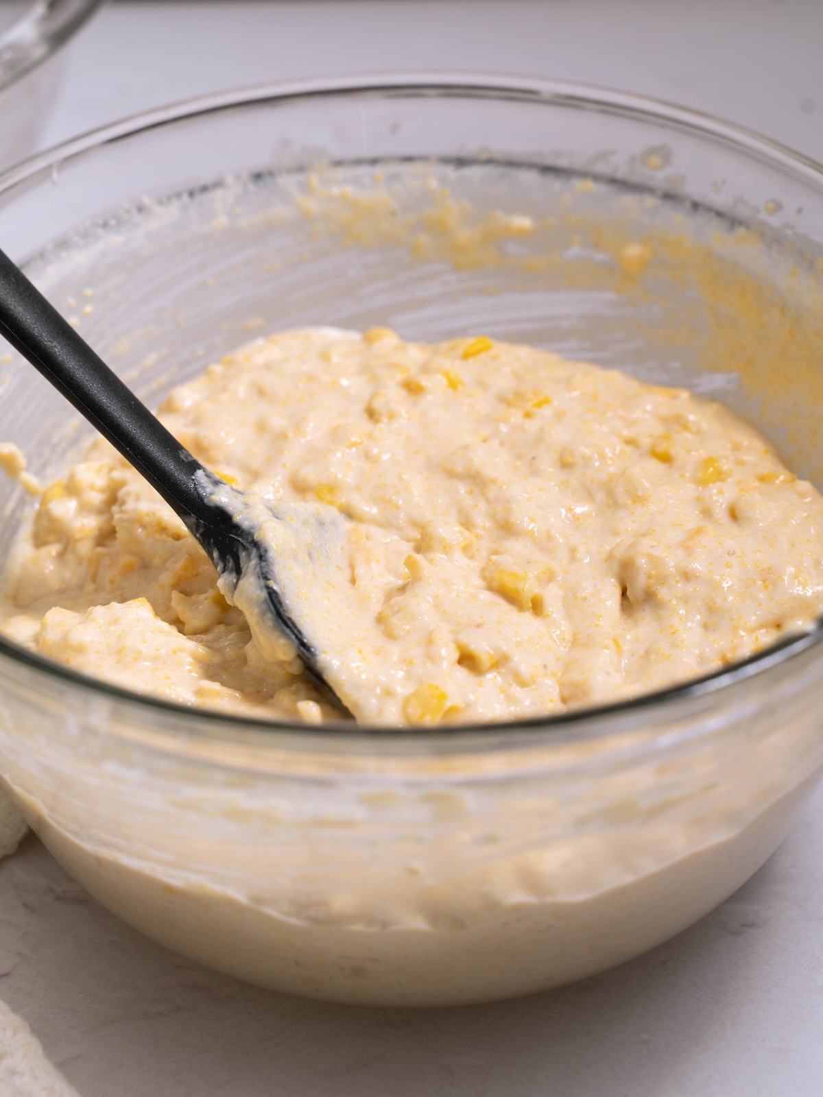 Sourdough corn muffin batter mixed and ready to bake