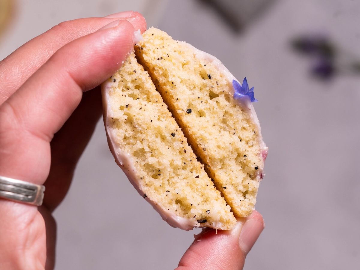 The inside of an earl grey cookie, split in half to show texture