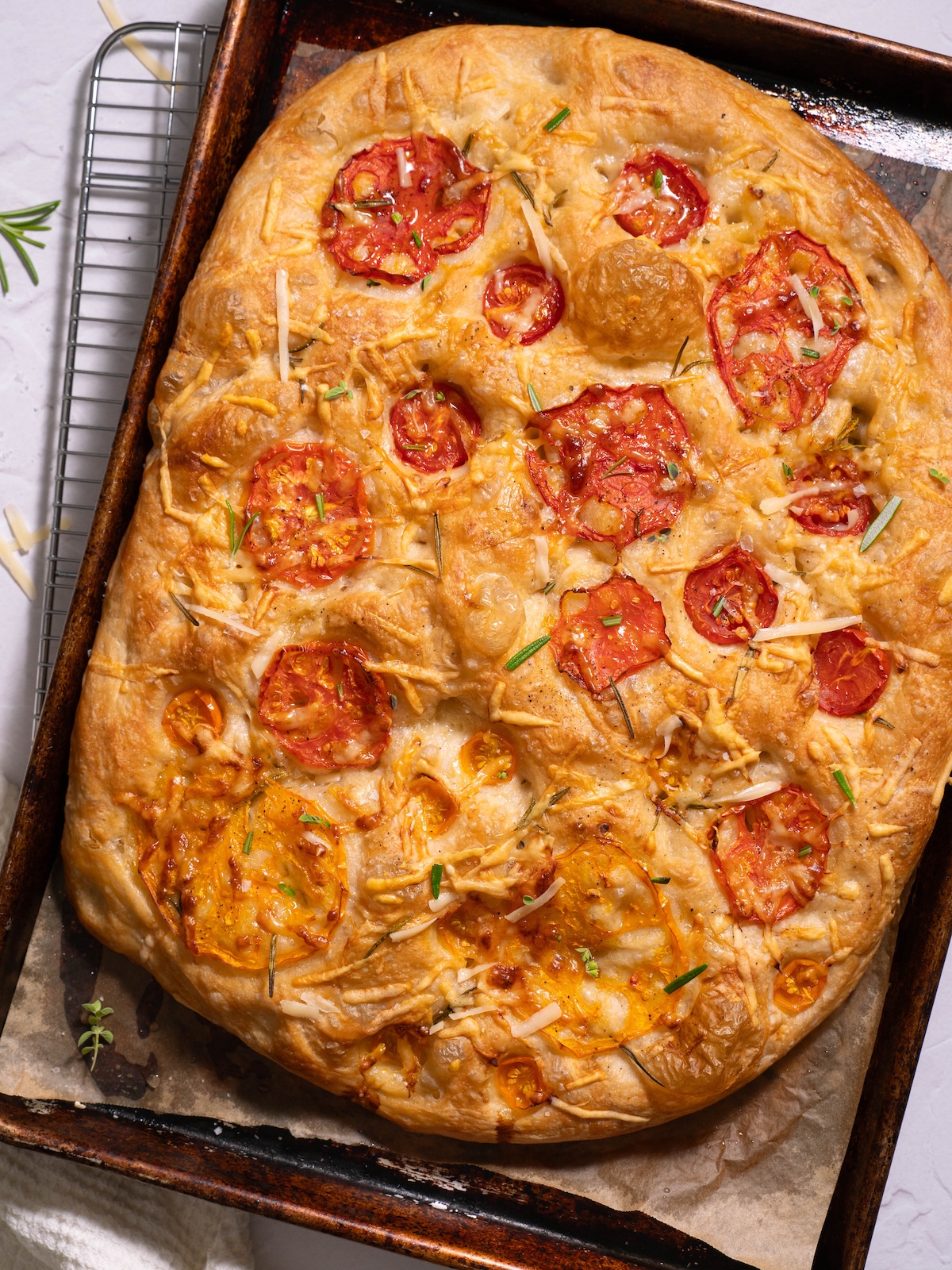 Tomato focaccia fresh out of the oven