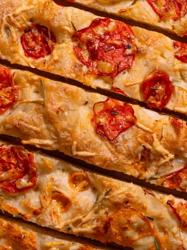 A close up look at slices of tomato focaccia