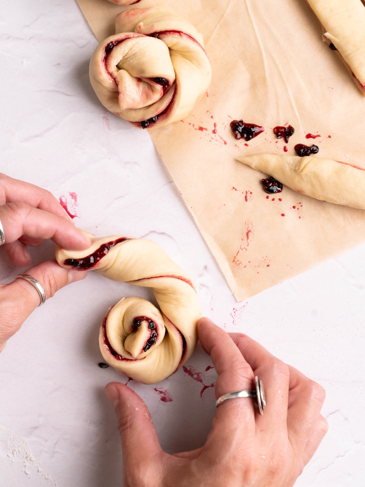 Twisting jam-filled dough into spirals