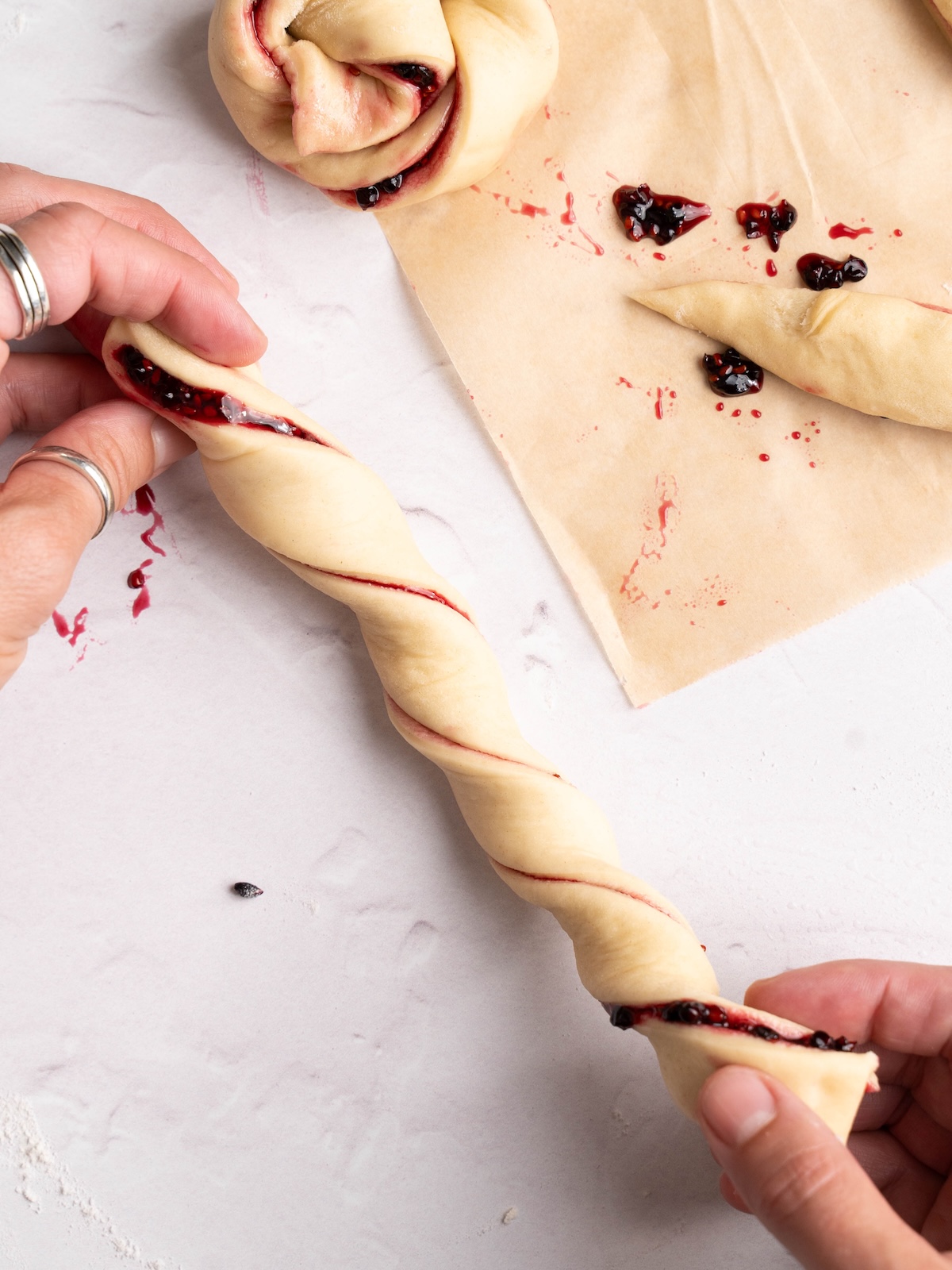Twisting jam-filled dough