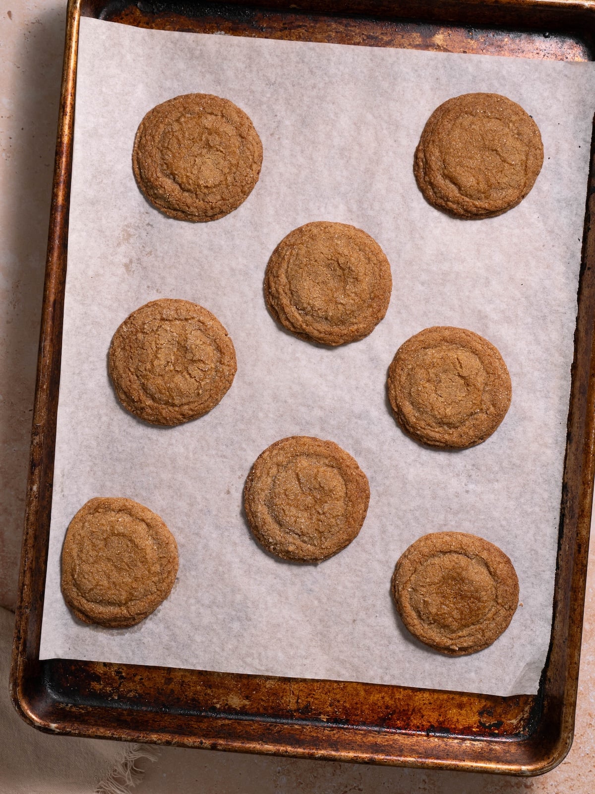 Pine cone molasses crinkle cookies on a baking sheet, fresh out of the oven